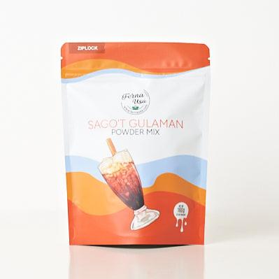 160 grams stand-up pouch packaging with zip lock of FERNA USA Sago't Gulaman Powder Mix. The front displays an illustration of the pinoy favorite drink, Sagot' Gulaman.