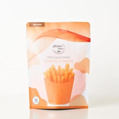 160 grams stand-up pouch packaging with zip lock of FERNA USA Fries Seasoning Cheese Flavor. The front displays an illustration of french fries and a transparent part of the packaging that makes the powder seasoning visible for the customer to see.