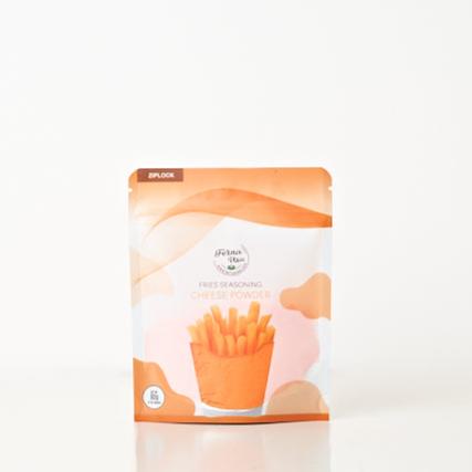 80 grams stand-up pouch packaging with zip lock of FERNA USA Fries Seasoning Cheese Flavor. The front displays an illustration of french fries and a transparent part of the packaging that makes the powder seasoning visible for the customer to see.