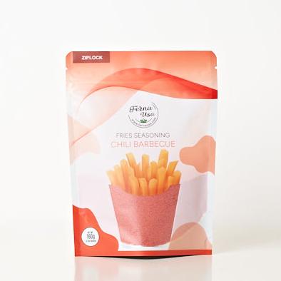 160 grams stand-up pouch packaging with zip lock of FERNA USA Fries Seasoning Chili Barbecue Flavor. The front displays an illustration of french fries and a transparent part of the packaging that makes the powder seasoning visible for the customer to see.