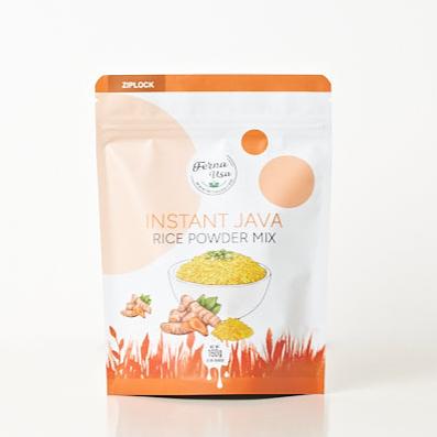 160 grams stand-up pouch packaging with zip lock of FERNA USA Instant Java Rice Powder Mix. The front displays an illustration of a bowl of rice with yellow color and chive toppings. Visible colors are orange, brown and white with a picture of turmeric.