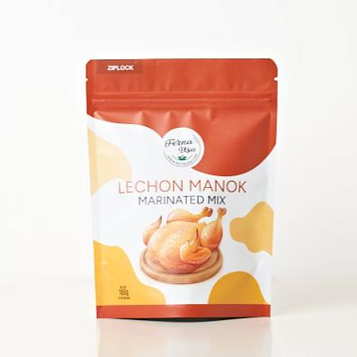 160 grams stand-up pouch packaging with zip lock of FERNA USA Lechon Manok Marinated Mix. The front displays an illustration of a roasted chicken. Dominant color is maroon, yello and white.