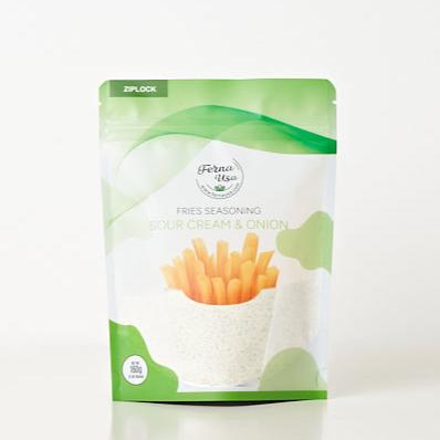 160 grams stand-up pouch packaging with zip lock of FERNA USA Fries Seasoning Sour Cream Flavor. The front displays an illustration of french fries and a transparent part of the packaging that makes the powder seasoning visible for the customer to see.