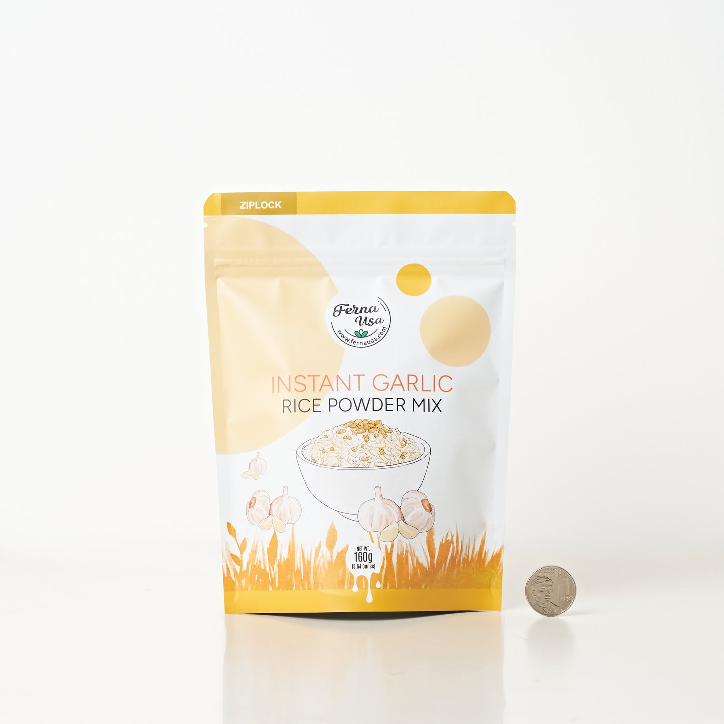160 grams stand-up pouch packaging with zip lock of FERNA USA Instant Garlic Rice Powder Mix. The front displays an illustration of a bowl of rice with toasted garlic toppings. Visible colors are yellow, brown and white.