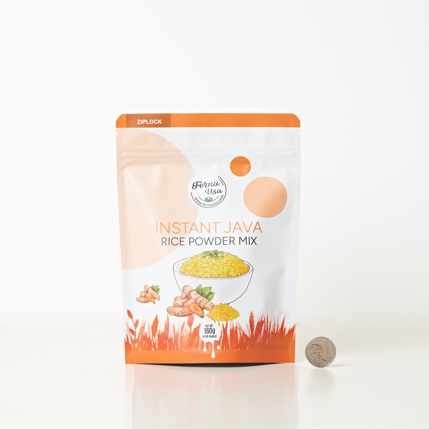 160 grams stand-up pouch packaging with zip lock of FERNA USA Instant Java Rice Powder Mix. The front displays an illustration of a bowl of rice with yellow color and chive toppings. Visible colors are orange, brown and white with a picture of turmeric.