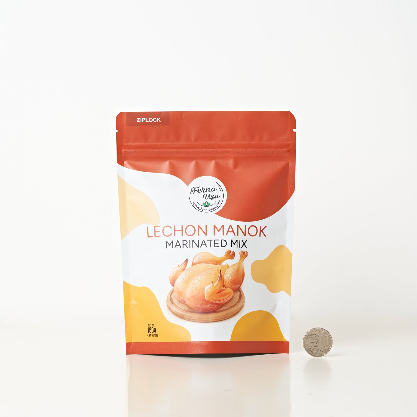 160 grams stand-up pouch packaging with zip lock of FERNA USA Lechon Manok Marinated Mix. The front displays an illustration of a roasted chicken. Dominant color is maroon, yello and white.