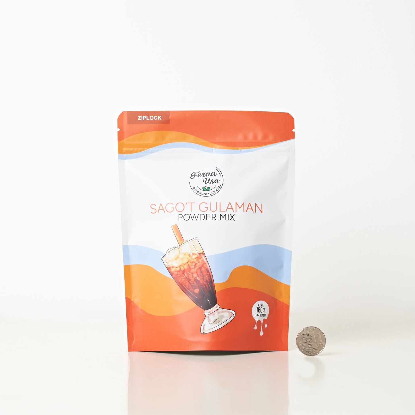 160 grams stand-up pouch packaging with zip lock of FERNA USA Sago't Gulaman Powder Mix. The front displays an illustration of the pinoy favorite drink, Sagot' Gulaman.
